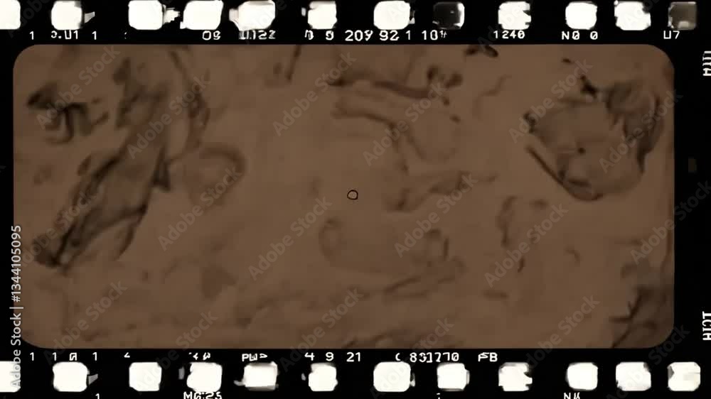 Fragment of old 35mm film strip with sprocket holes. Retro overlay with and grainy  effect. Vintage and analog technology.