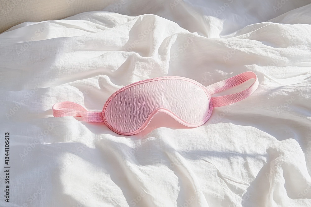 Pink Sleep Mask on White Crumpled Sheets Minimal Aesthetic Flat Lay Morning Light Relaxation Pink Sleep Mask on White Crumpled Sheets Minimal Aesthetic Flat Lay Morning Light Relaxation