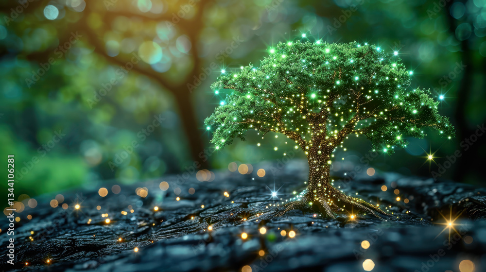 Tree with glitter light bulbs in green forest, Sustainable energy, environmental friendly, renewable energy concept. Tree with glitter light bulbs in green forest, Sustainable energy, environmental friendly, renewable energy concept.