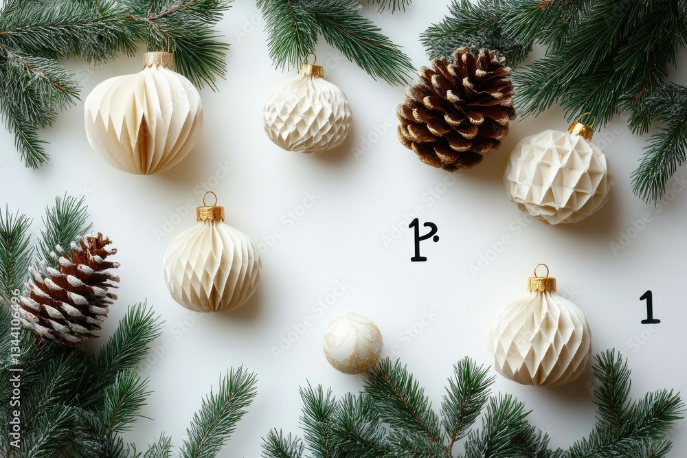 Minimal Scandinavian Style Winter Holiday Flat Lay with Paper Ornaments and Evergreen Branches for New Year's Eve Celebration Minimal Scandinavian Style Winter Holiday Flat Lay with Paper Ornaments and Evergreen Branches for New Year's Eve Celebration