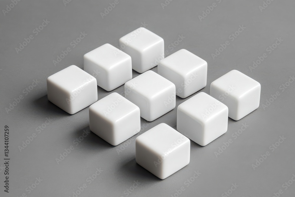 A group of nine white cubes arranged in a square formation on a plain gray surface background studio shot A group of nine white cubes arranged in a square formation on a plain gray surface background studio shot