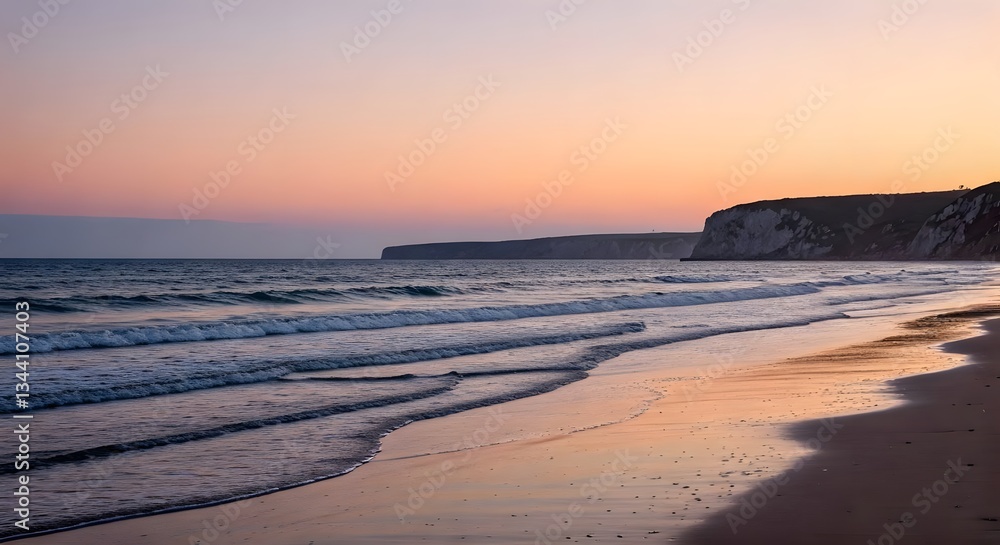 Obraz premium A peaceful beach at sunset, with soft pink and orange hues in the sky, waves gently rolling onto the sand, and a silhouette of distant cliffs, Ai Generated