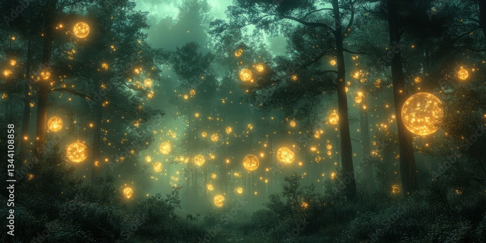 Naklejka premium Halloween Night Glowing Orbs in Mystical Forest Samhain Celebration October 31 Trick or Treating Ghosts and Pumpkins