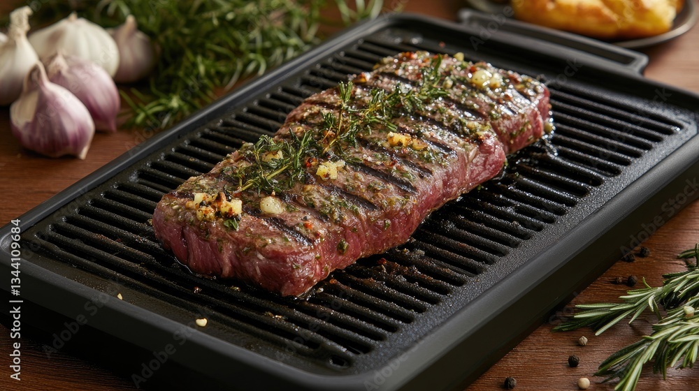 Non-stick electric grill with large ridges for authentic searing on a textured dark brown background Non-stick electric grill with large ridges for authentic searing on a textured dark brown background
