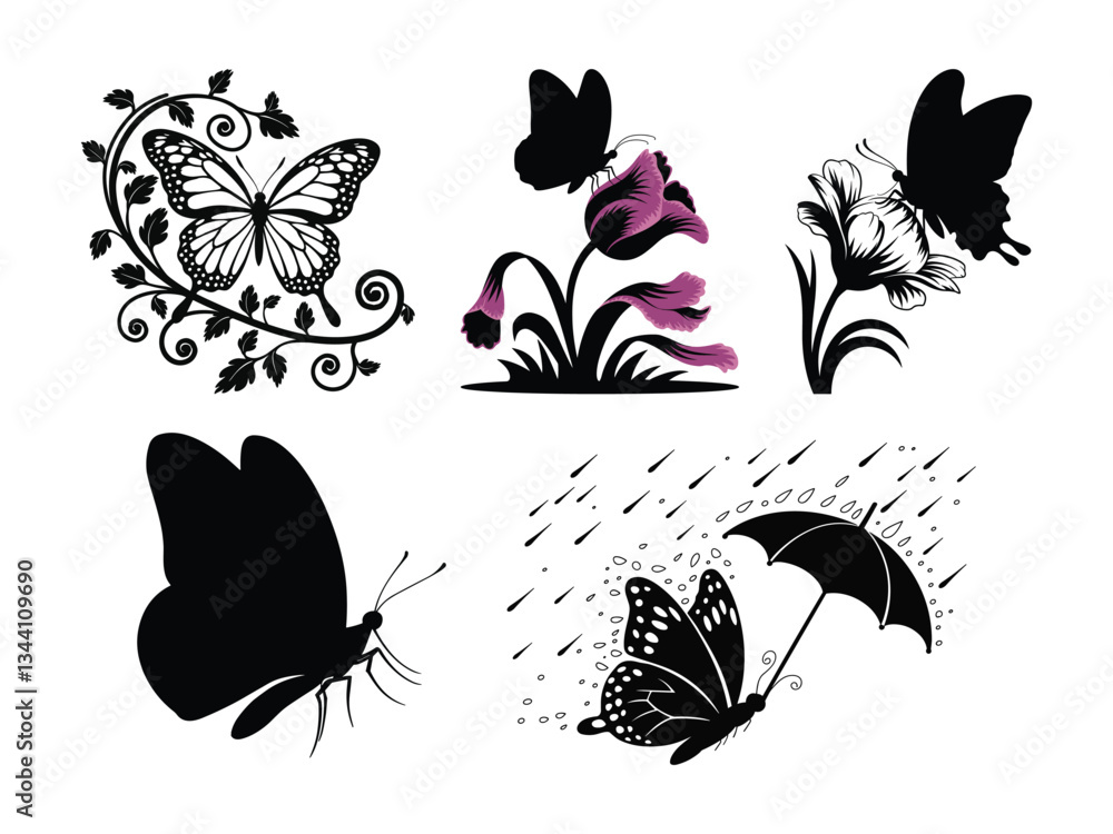 Naklejka premium Spring Butterflies Silhouette Set | Floral Butterfly Clipart | Hello Spring Design