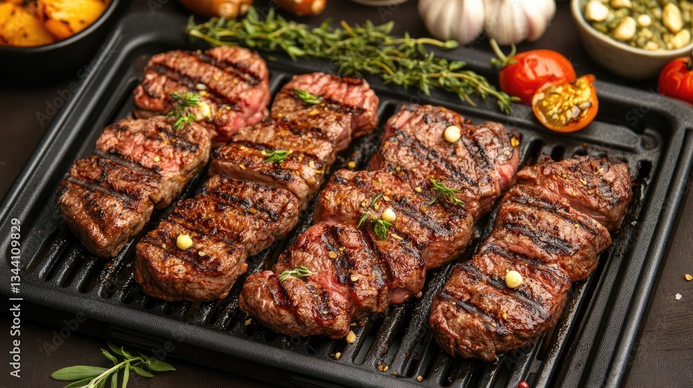 Non-stick electric grill with large ridges for authentic searing on a textured dark brown background Non-stick electric grill with large ridges for authentic searing on a textured dark brown background