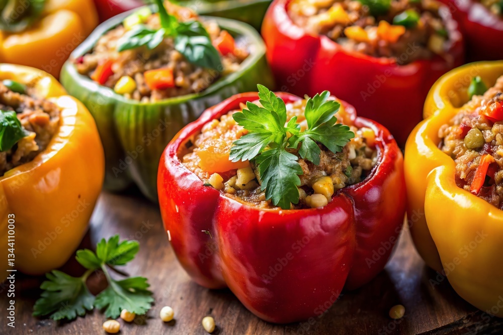 Macro Close-up of Stuffed Bell Peppers, Vibrant Colors, Fresh Ingredients, Culinary Delight Macro Close-up of Stuffed Bell Peppers, Vibrant Colors, Fresh Ingredients, Culinary Delight