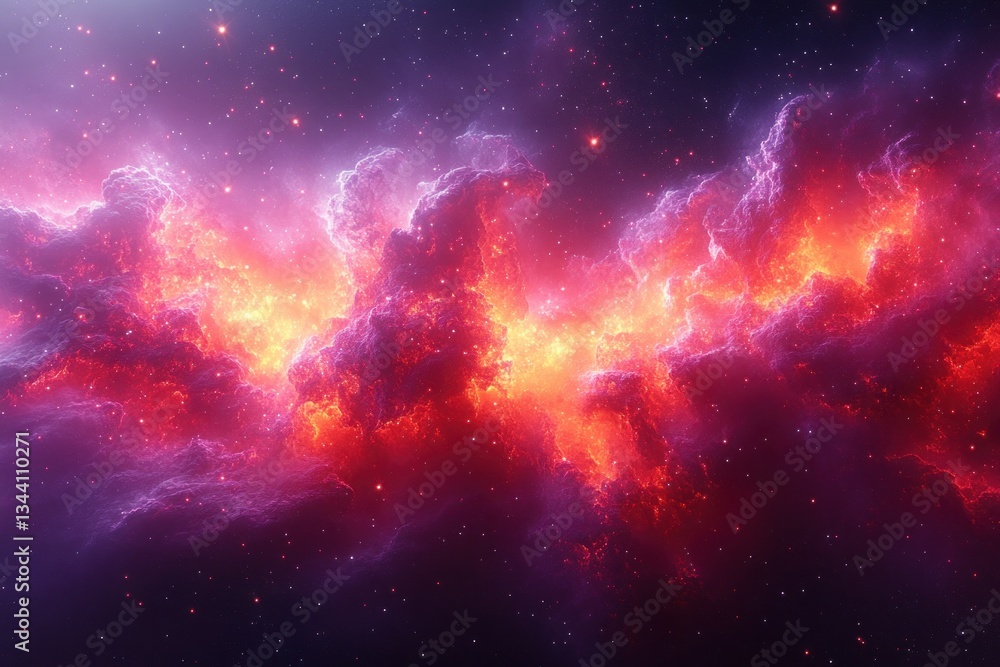 Naklejka premium Cosmic Nebula Illustration Glowing in Red and Purple Hues with Stars and Gaseous Clouds in Deep Space