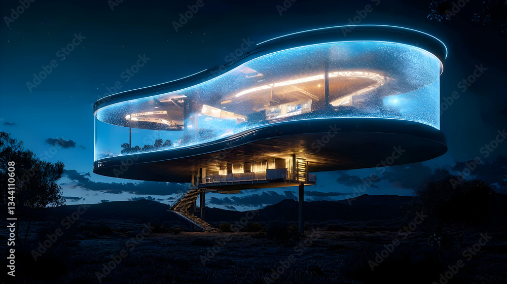 Futuristic, Modern House Design with Illuminated Circular Structure at Night Surrounded by Nature Futuristic, Modern House Design with Illuminated Circular Structure at Night Surrounded by Nature