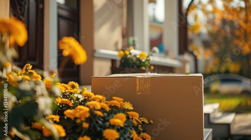 Wallpaper Mural Cardboard package sits outside a door, surrounded by yellow flowers in daylight Torontodigital.ca