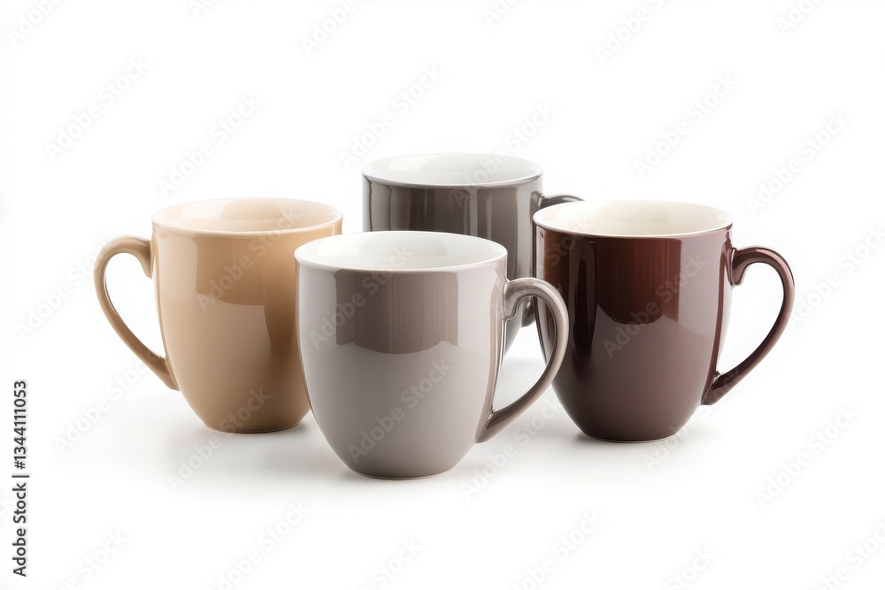 Four ceramic mugs in neutral tones arranged on a white surface in a studio setting with soft lighting Four ceramic mugs in neutral tones arranged on a white surface in a studio setting with soft lighting