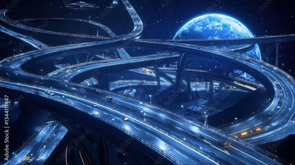 Fototapeta premium Space Highway Network, Earth Orbit, alien Vehicles