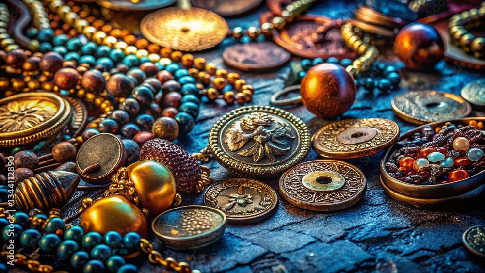 Fototapeta premium Macro Photography: Close-up of Assorted Coins and Jewelry Accessories