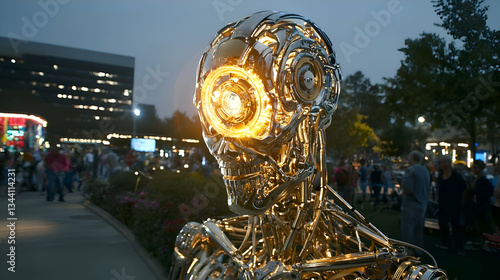 Futuristic Metallic Robot Sculpture with Luminous Eye Glowing in a Crowded Urban Night Event