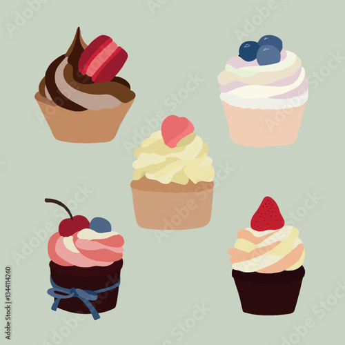 Hand-drawn illustration. Colorful set of vector cupcakes