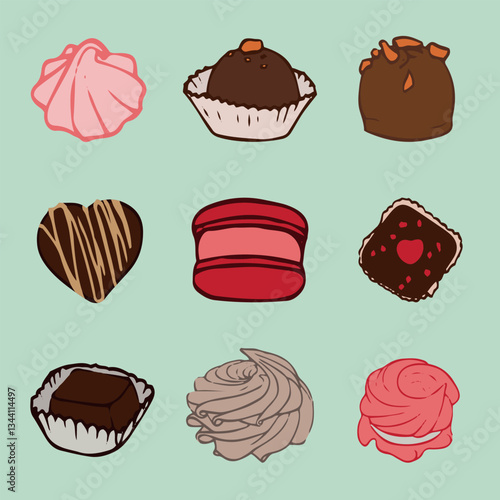 Hand-drawn illustration. Colorful set of vector sweets