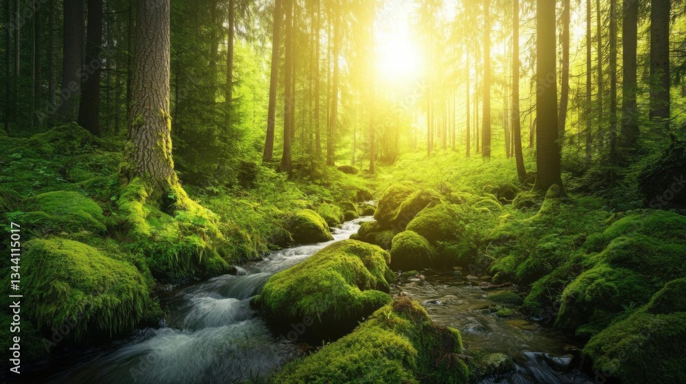 Obraz premium Sunlit Forest Stream, Mossy Rocks