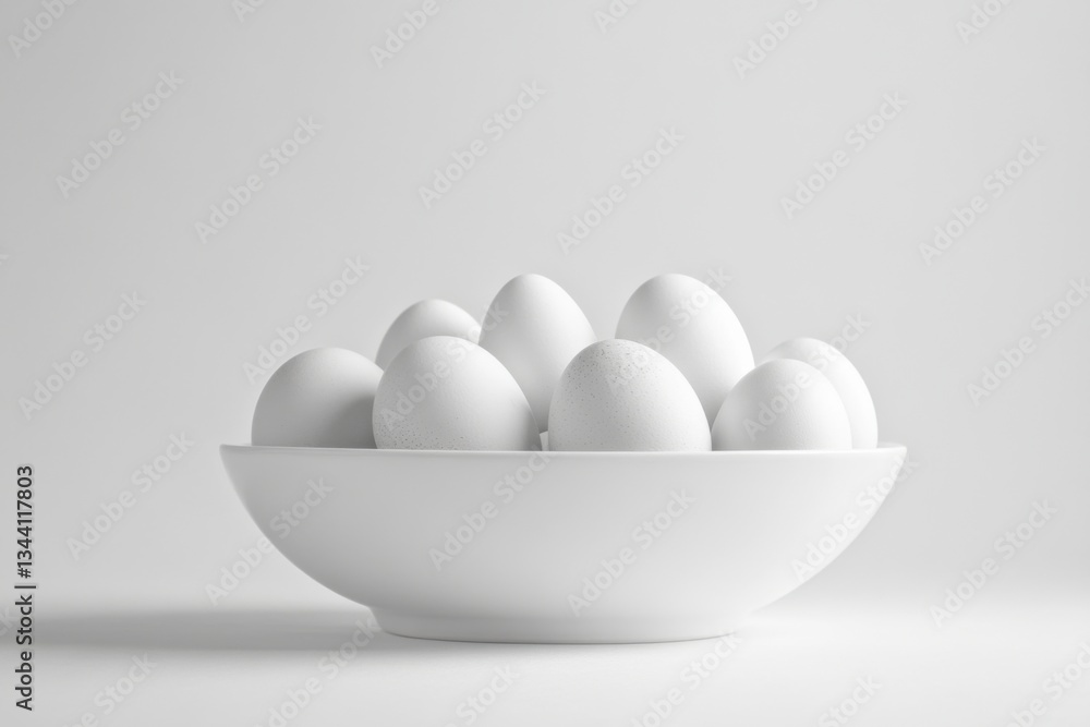 Eggs in white bowl with overhead shot and soft studio lighting Eggs in white bowl with overhead shot and soft studio lighting