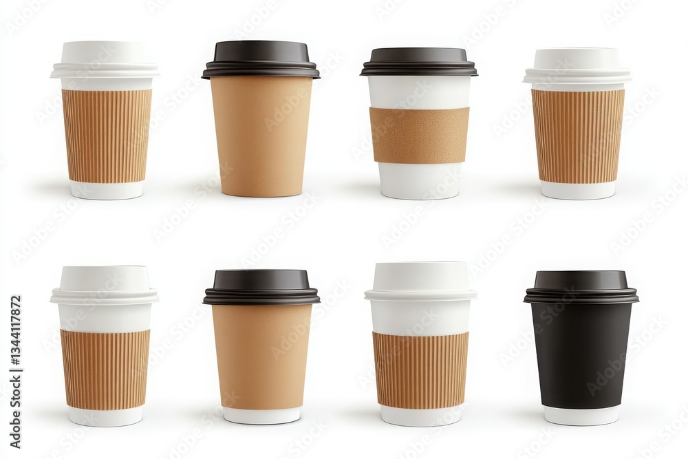 Arrangement of eight coffee cups with various designs and colors on a white background plain scene Arrangement of eight coffee cups with various designs and colors on a white background plain scene