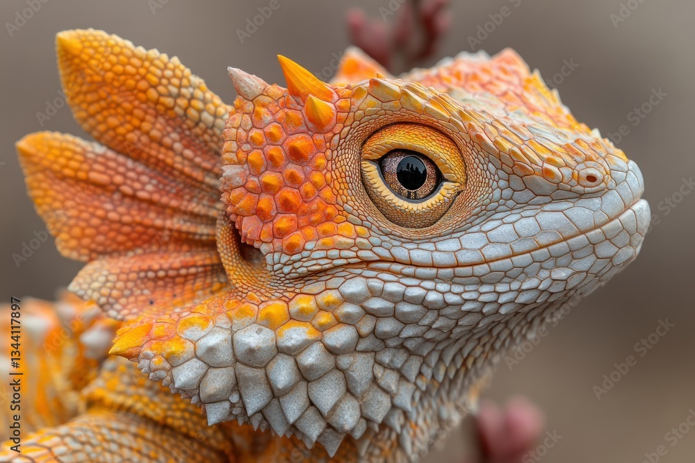 Fototapeta premium Orange lizard profile, detail, nature, branch, background, wildlife, exotic, reptile, close-up, poster