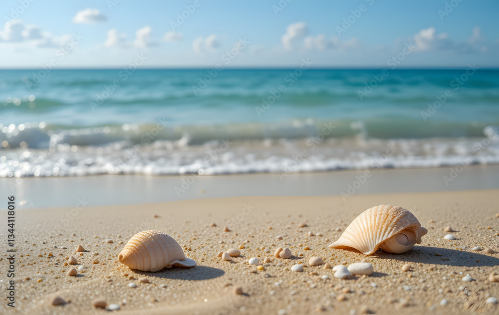 Seashells and starfish on beach sand with waves Seashells and starfish on beach sand with waves