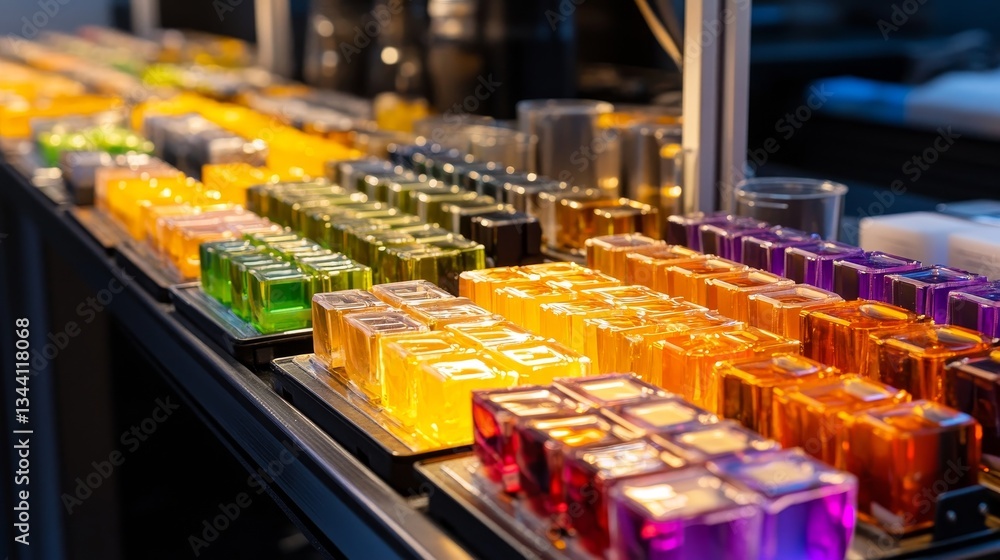 Obraz premium Colorful array of scented candles displayed on shelves in a modern store with ambient lighting