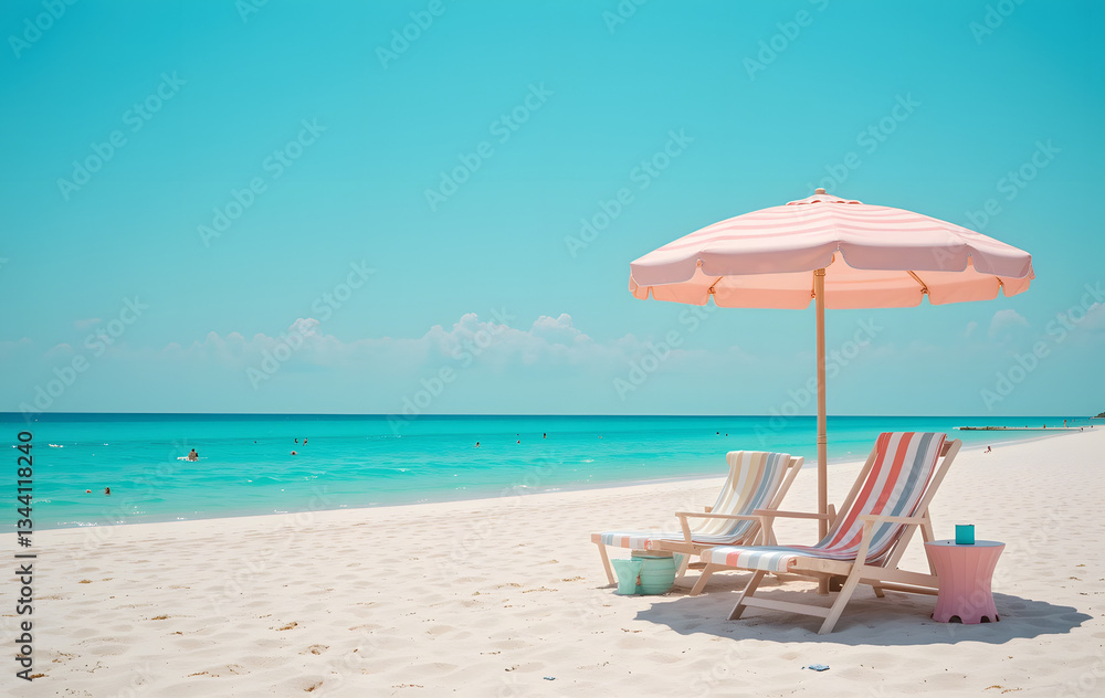 Minimalist pastel beach scene with striped chairs and accessories under bright turquoise sky Minimalist pastel beach scene with striped chairs and accessories under bright turquoise sky