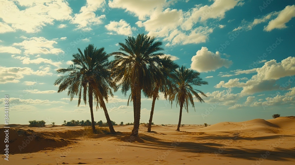 Endless sand dunes embrace a tranquil oasis with palm trees under a bright blue sky Endless sand dunes embrace a tranquil oasis with palm trees under a bright blue sky