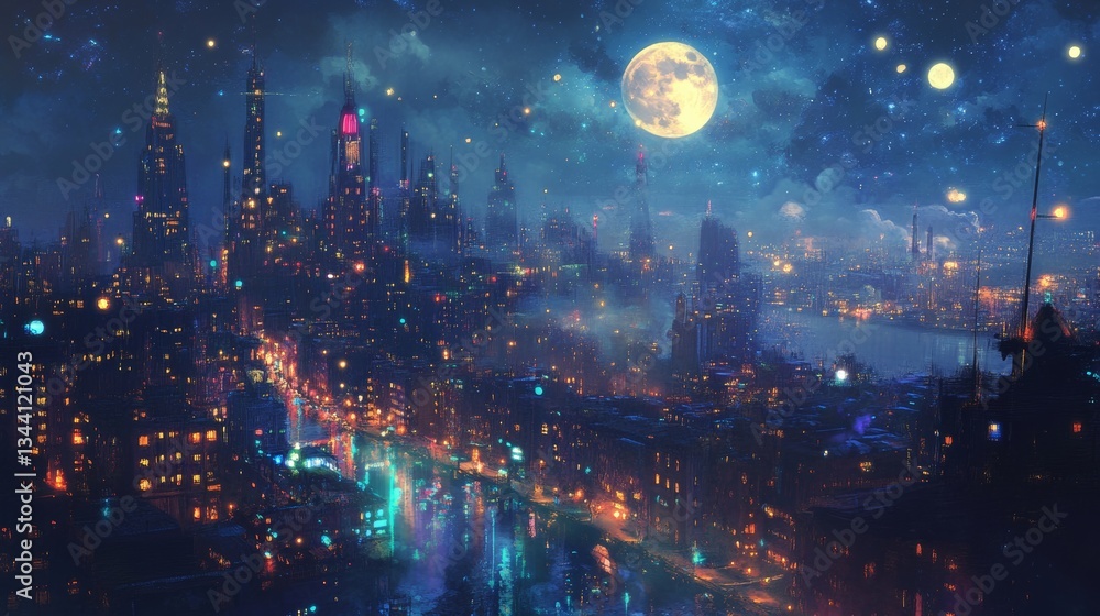 Obraz premium A magical cityscape at night, with twinkling lights, bustling streets, and a full moon shining bright. A magical cityscape at night, with twinkling lights, bustling streets, and a full moon shining 