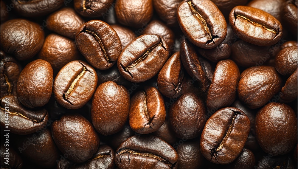 Fototapeta premium Roasted coffee beans closeup, studio shot, background blur, food packaging