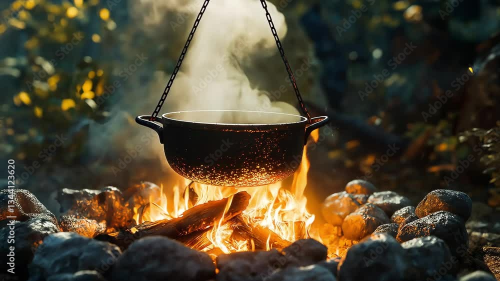 Cooking over a campfire using a cast iron pot with smoke rising as the fire beneath in outdoors. Camping and cooking concept Cooking over a campfire using a cast iron pot with smoke rising as the fire beneath in outdoors. Camping and cooking concept