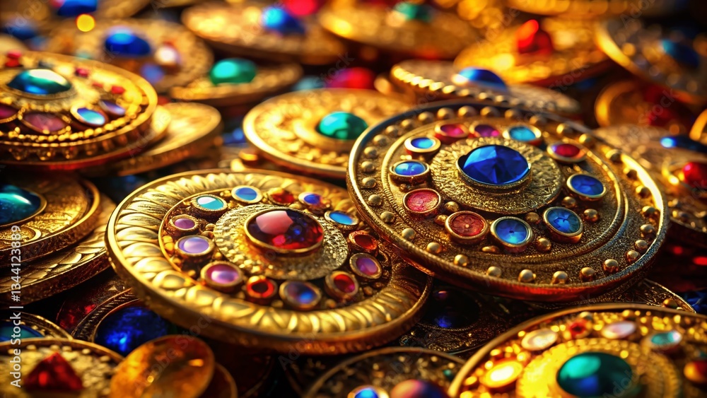Macro Shot: Gilded Game Coins with Gemstones - UI Assets Macro Shot: Gilded Game Coins with Gemstones - UI Assets