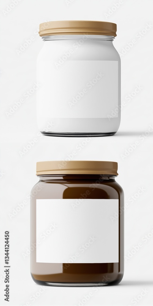 Two jars of different colors, one is brown and the other is white. The jars are empty and have lids Two jars of different colors, one is brown and the other is white. The jars are empty and have lids