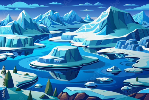 iceberg mountains with lakes and beautiful sky vector cartoon