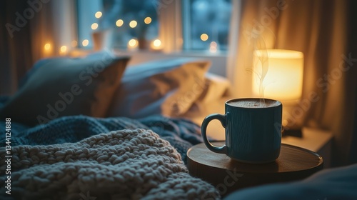A winter morning with a hot drink on a bedside table