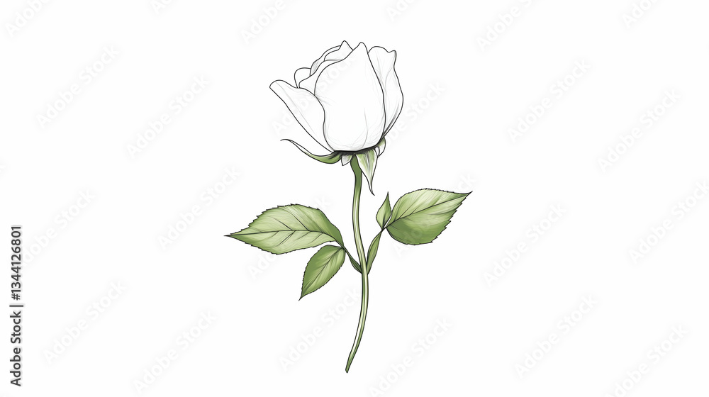 Obraz premium Elegant white rose drawing, isolated on white background, perfect for wedding invitations or romantic designs