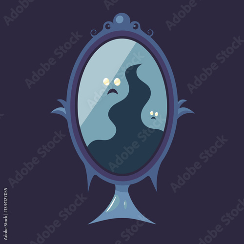 Haunted Mirror with Ghostly Reflection – Spooky Paranormal Horror Art Vector Design