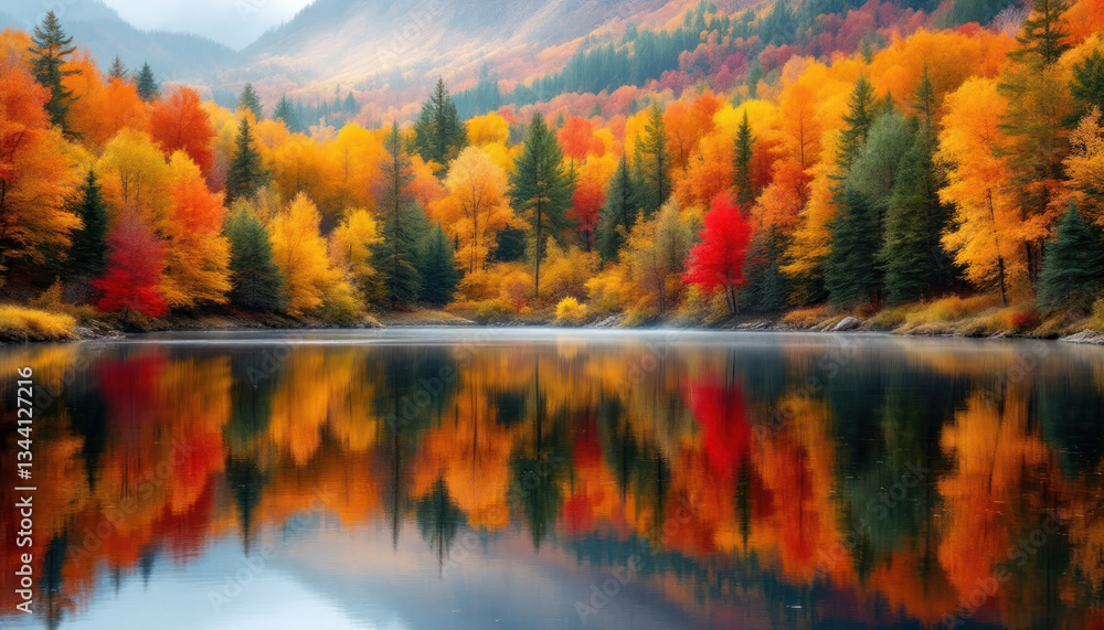 Obraz premium Autumnal Reflections: A Serene Lake Mirroring Vibrant Fall Foliage