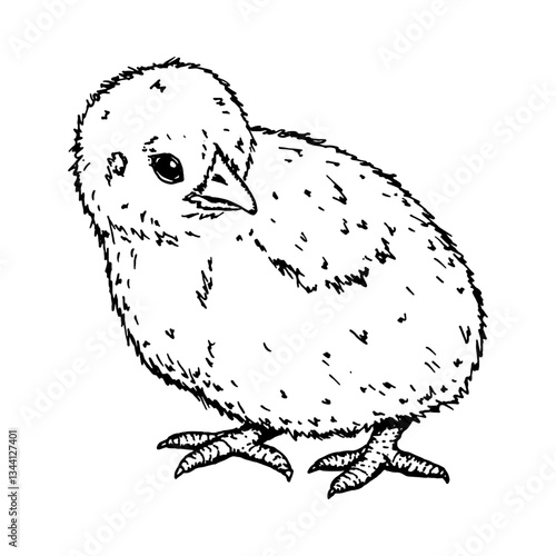 Side-view of a fluffy chick, hand-drawn ink illustration. Represents nature, farming, and bird breeding. Ideal for branding, packaging, Easter creative projects and educational materials