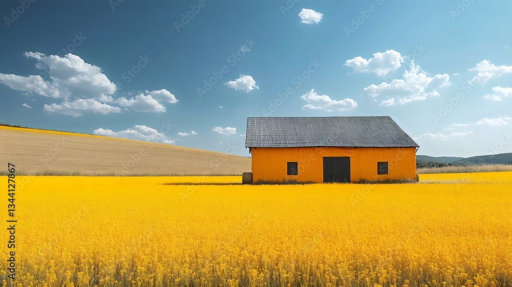 Obraz premium A yellow house sits in a field of yellow grass