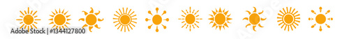 collection of sun icons showcasing radiant sunlight, shining rays, and warm glowing beams. Ideal for summer themes, weather forecasts, solar energy visuals, and decorative designs. Vector