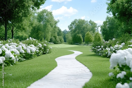Picturesque Pathway through a Lush Green Park.  A winding white stone path meanders through a vibrant park, lined with lush greenery, flowering bushes, and mature trees.  