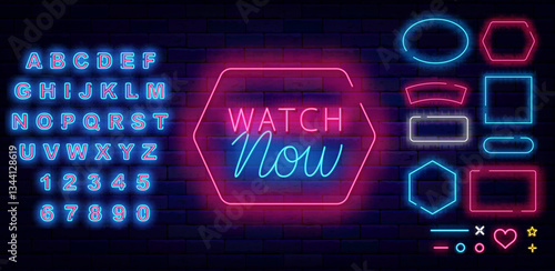 Watch now neon label. Glowing movie label. Shiny blue alphabet. Video concept. Vector stock illustration