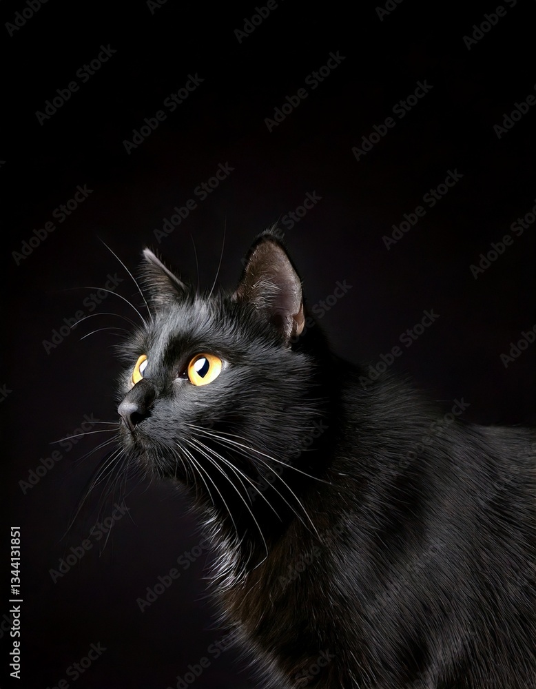 Close up photo of a black cat with yellow eyes on a plain dark black background Close up photo of a black cat with yellow eyes on a plain dark black background
