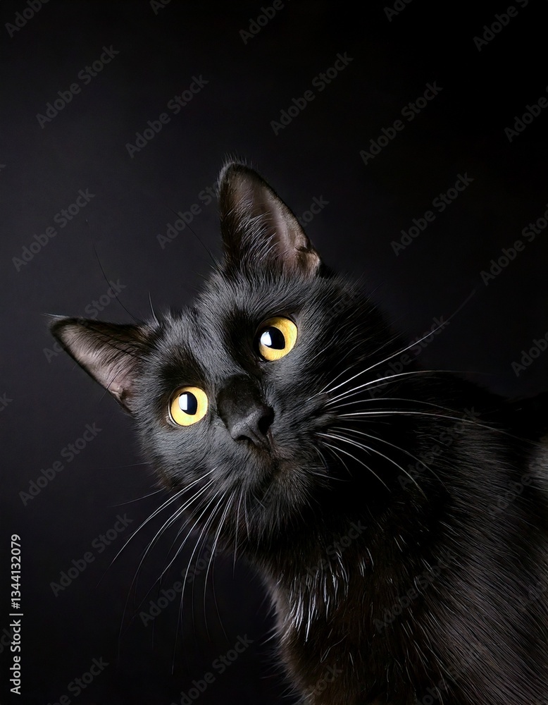 Close up photo of a black cat with yellow eyes on a plain dark black background Close up photo of a black cat with yellow eyes on a plain dark black background