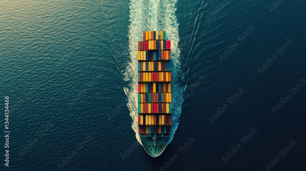 Aerial view of a cargo ship sailing on the ocean, carrying colorful containers. Aerial view of a cargo ship sailing on the ocean, carrying colorful containers.