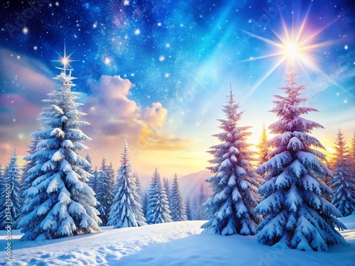 Wallpaper Mural Magical Winter Wonderland: Snow-Covered Fir Trees & Sparkling Snowflakes Against a Blue Sky Torontodigital.ca