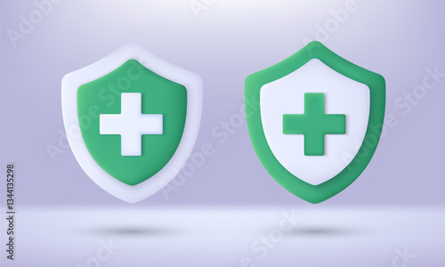 3D Green medical shield with plus icon. Symbol in minimal style. Medical health protection concept and medical insurance. 3D render in cartoon style Isolated vector illustration.