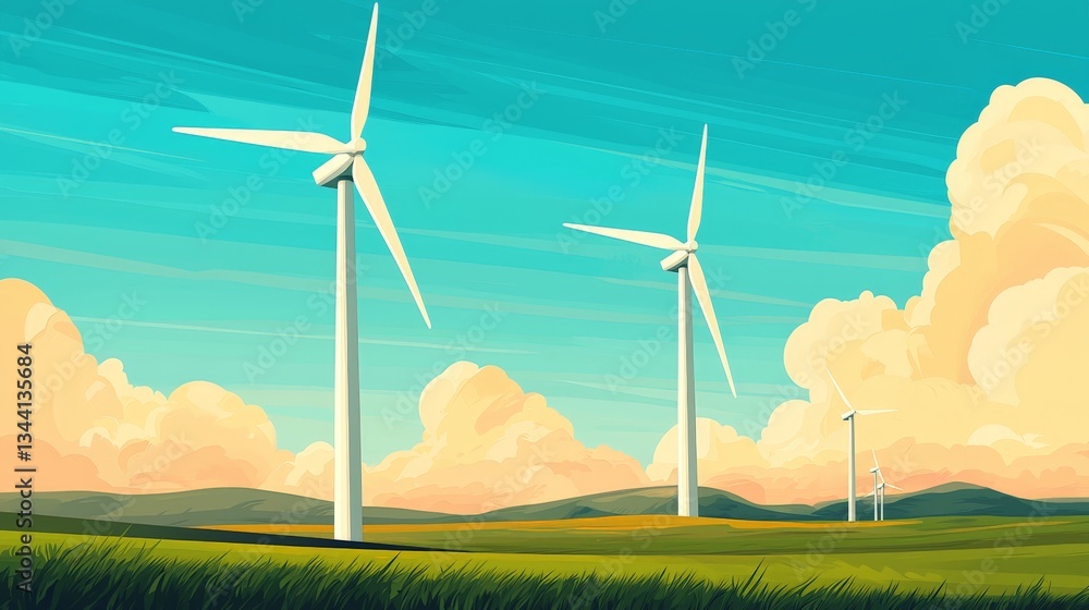 Fototapeta premium Beautiful Landscape of Wind Turbines Surrounded by Green Fields and Blue Sky