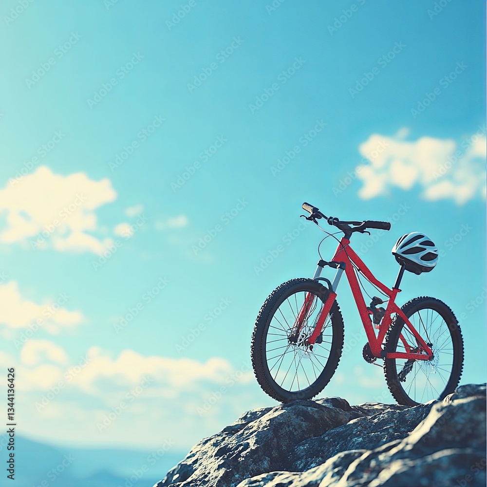 Cross-bike with a helmet on top of a mountain in sunny weather Cross-bike with a helmet on top of a mountain in sunny weather